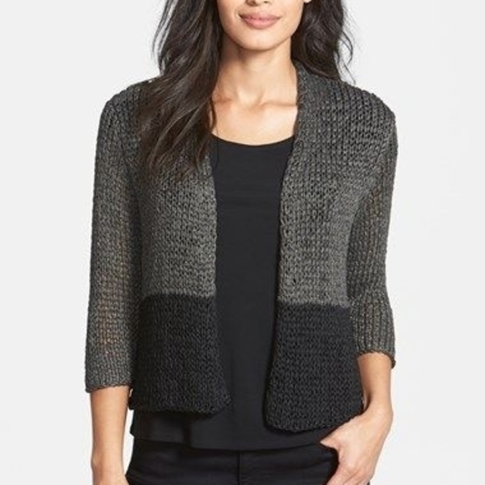 Eileen Fisher Cardigan Cropped Knit Brown Black Sz M EUC